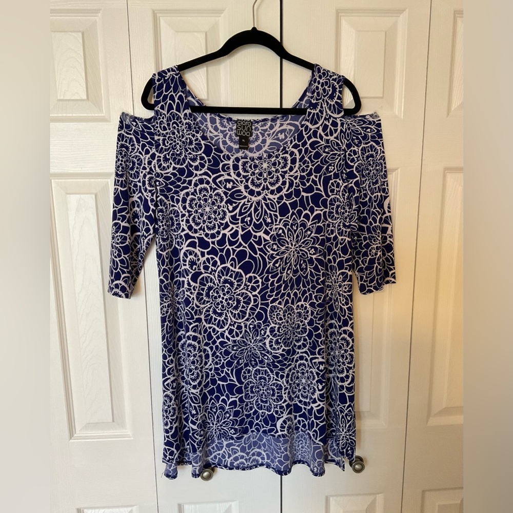 Clara Sun Woo Cold Shoulder XL Tunic Blue Floral
